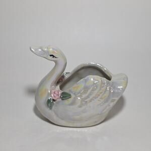 Vintage Swan Trinket Dish Iridescent Lusterware Pink Floral Ceramic